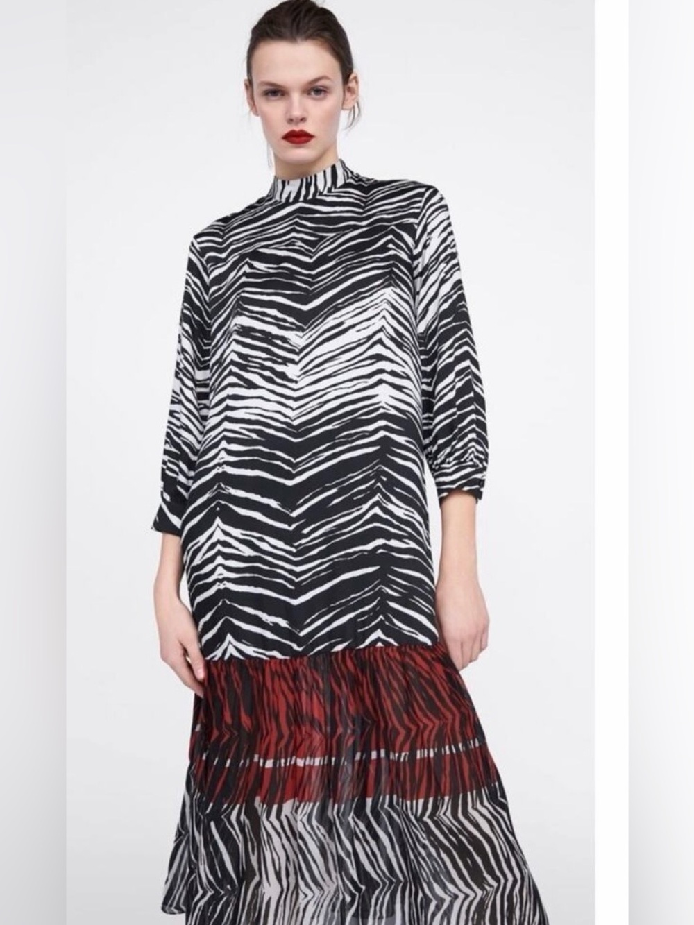 Zara Black & White Zebra Midi Dress with Red Tier NWOT